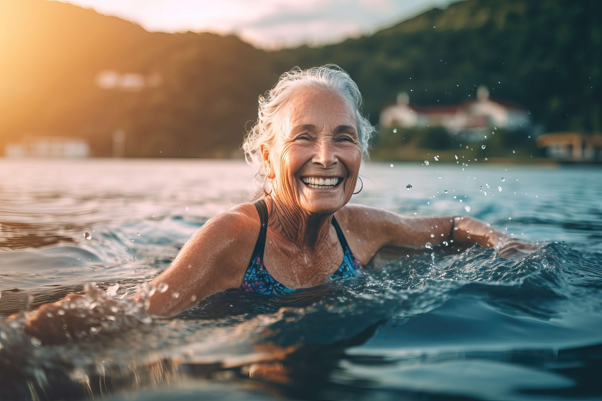 Older Lady with healthy teeth swimming in the lake, late afternoon in the sunset.