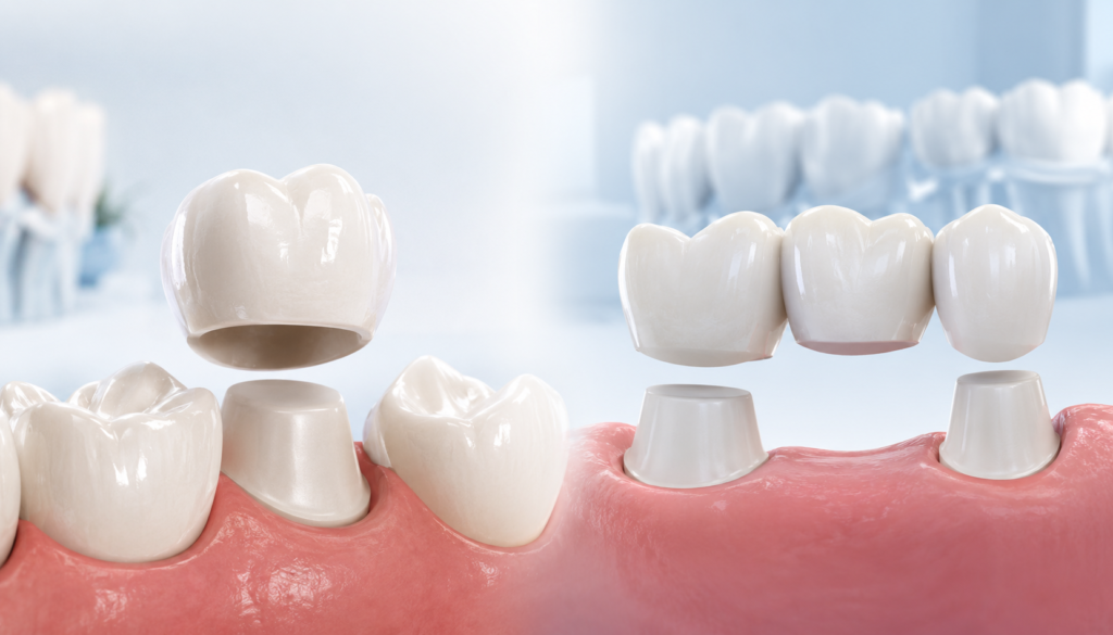 Dental crown and dental bridge restoration demonstrating modern tooth replacement and tooth protection treatments.