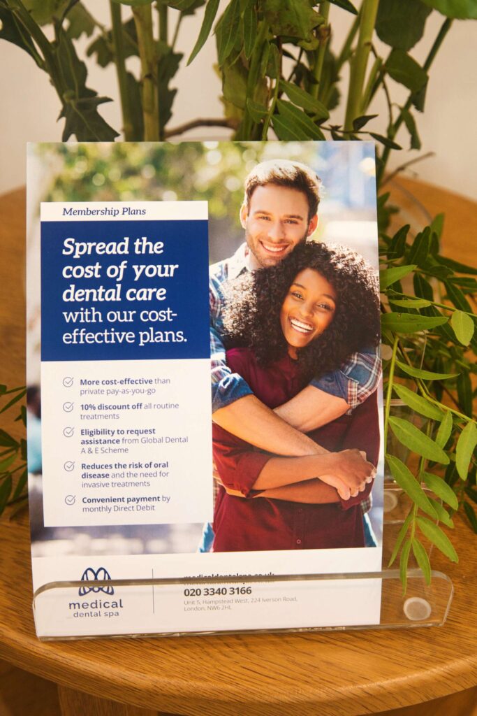Promotional flyer at Medical Dental Spa showcasing membership plans for affordable dental care with discounts and flexible payment options.