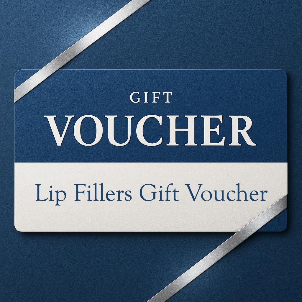 Blue and white gift card reading “Lip Fillers Gift Voucher” with silver ribbon.