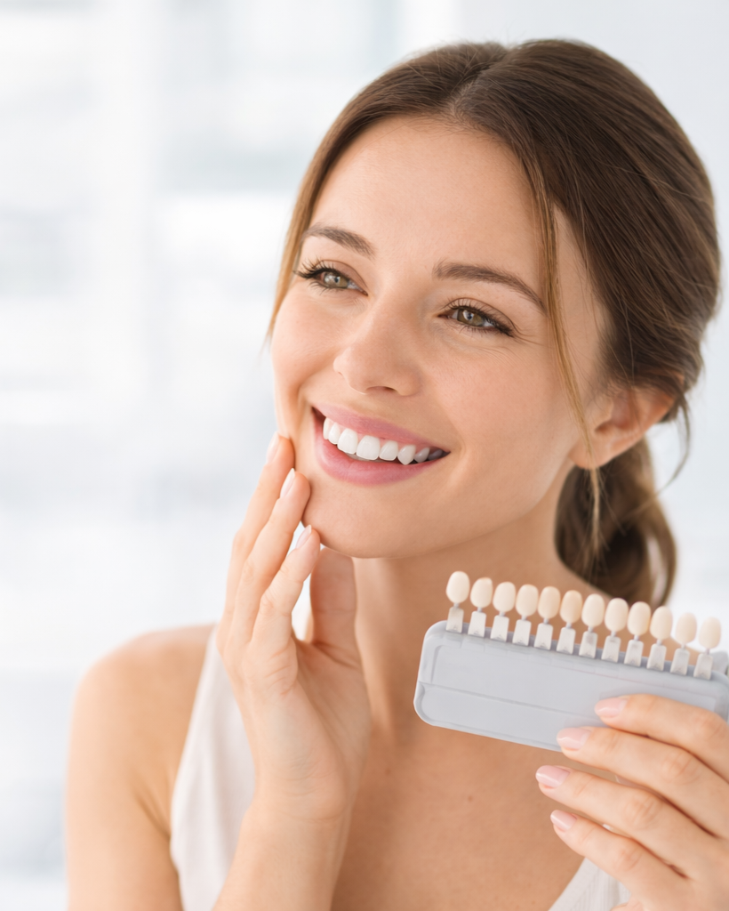 Smiling woman holding a dental shade guide with clean soft background, ideal for teeth whitening content