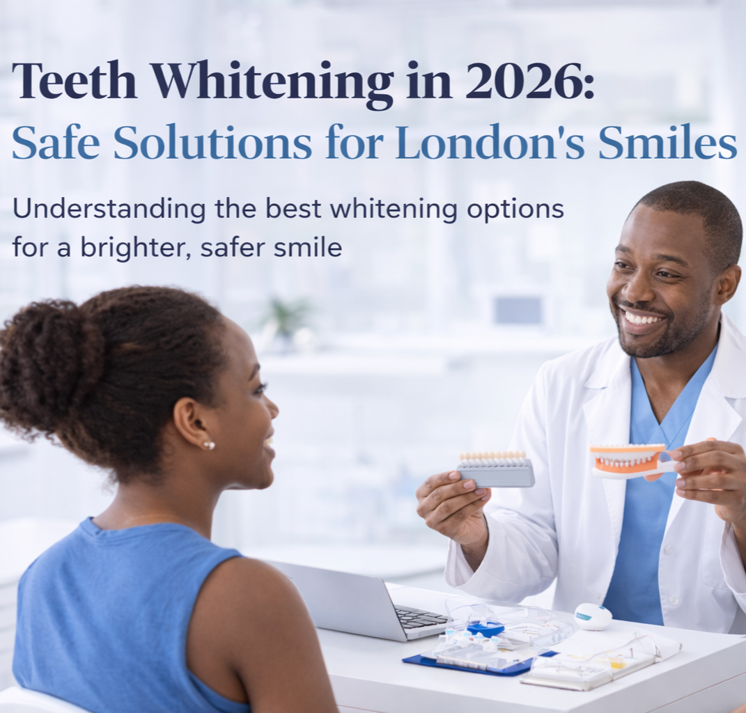 African American dentist explaining teeth whitening options to patients during a consultation in a modern clinic