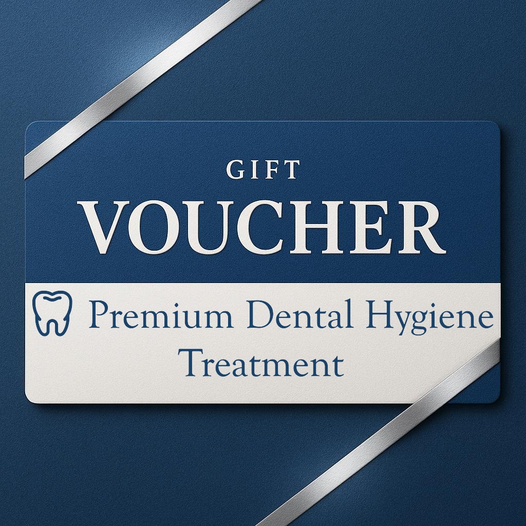 Gift voucher card for Premium Dental Hygiene Treatment at Medical Dental Spa, shown on a blue background with silver ribbon.