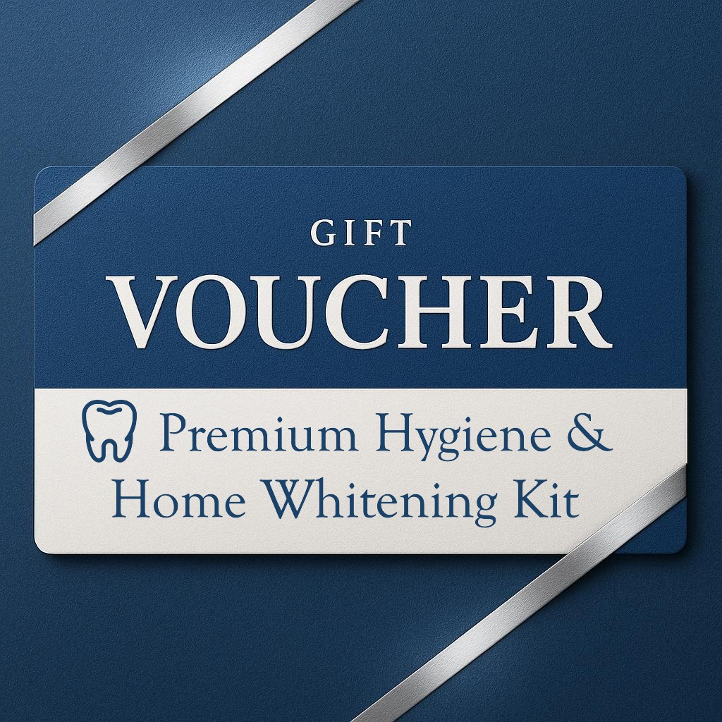Gift voucher card for Premium Hygiene and Home Whitening Kit at Medical Dental Spa, displayed on a blue background with silver ribbon.