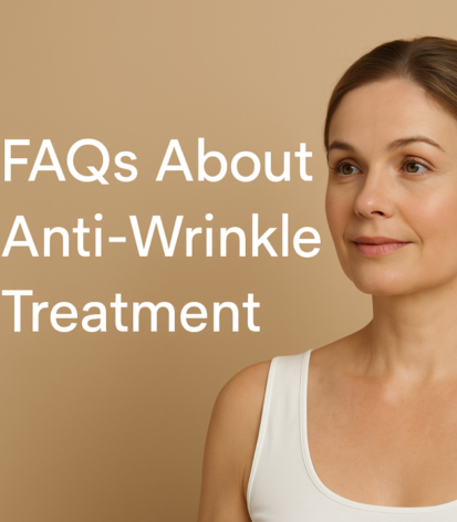 Smiling woman with smooth skin looking confident, next to the text “FAQs About Anti-Wrinkle Treatment” on a beige background — representing professional facial aesthetics at Medical Dental Spa, West Hampstead.