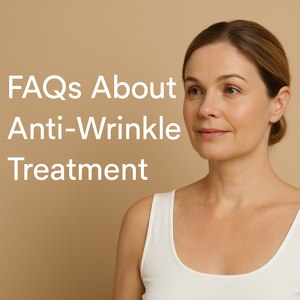 Smiling woman with smooth skin looking confident, next to the text “FAQs About Anti-Wrinkle Treatment” on a beige background — representing professional facial aesthetics at Medical Dental Spa, West Hampstead.
