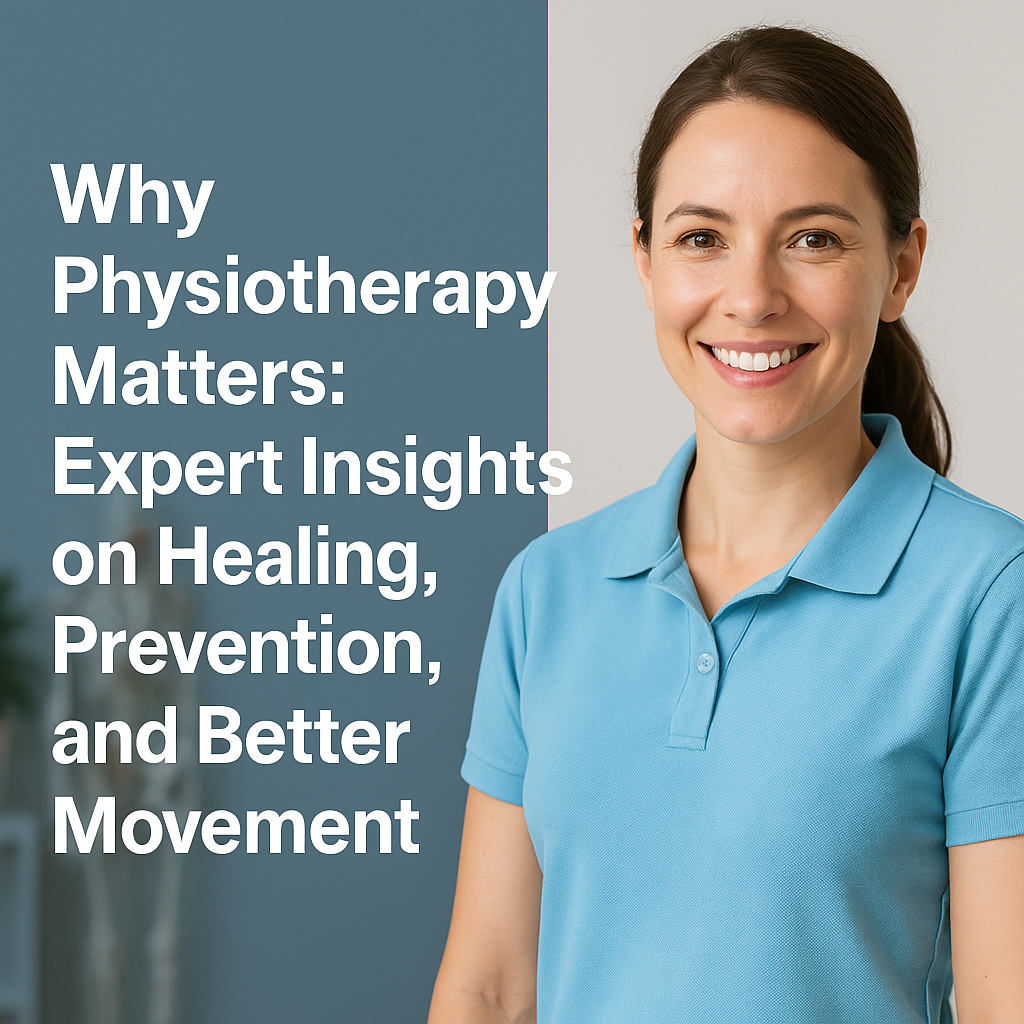 A smiling female physiotherapist in a light blue polo shirt stands in a clinic setting, promoting the importance of physiotherapy for healing and movement.