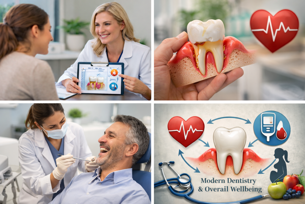 Dentist explaining the link between gum health and overall wellbeing during a friendly consultation at a modern dental clinic.