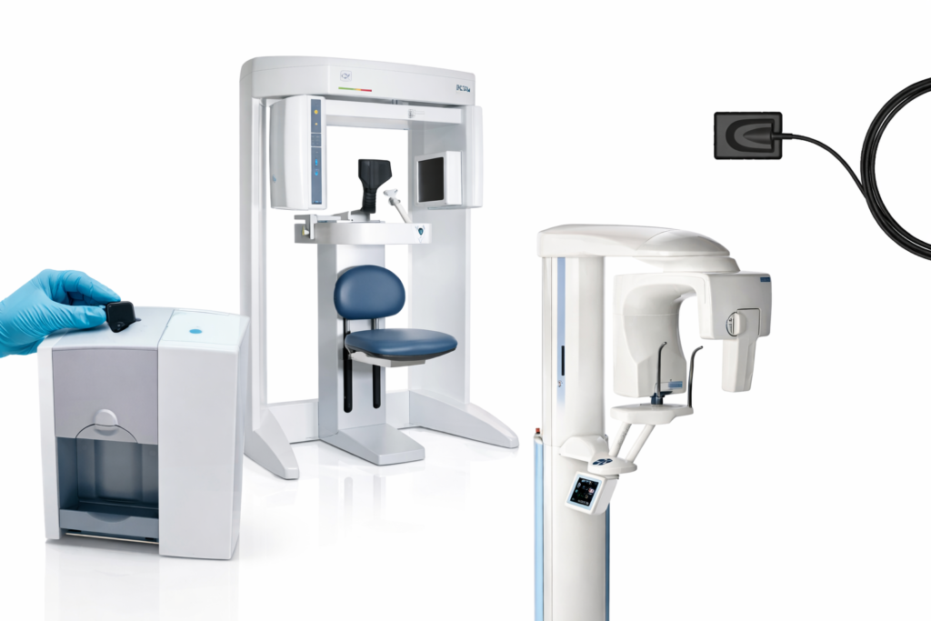 Clean, polished image of advanced dental imaging equipment, including a 3D cone beam CT scanner, panoramic X-ray machine, digital sensor, and processing unit, displayed against a white background to represent modern diagnostic technology in dentistry.