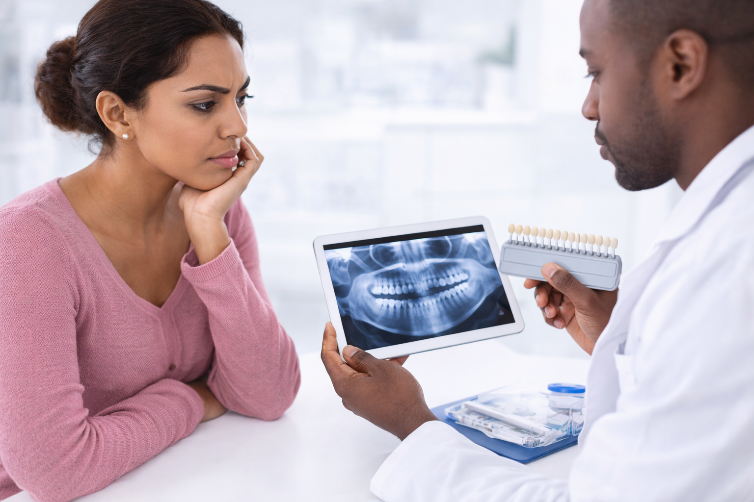 Dentist reviewing dental X-ray and whitening suitability with a patient during consultation