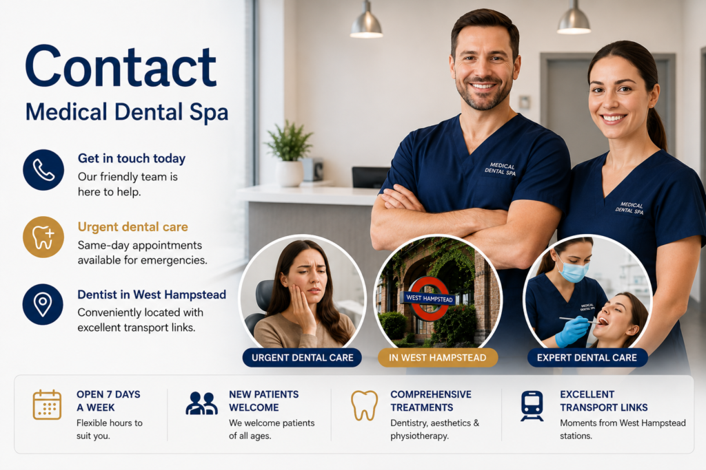 Contact Medical Dental Spa, your trusted dentist in West Hampstead for urgent dental care, routine appointments and comprehensive dental treatments.