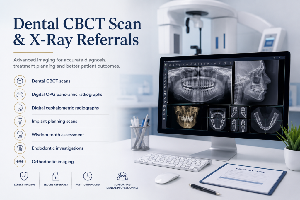 Dental CBCT scan and X-ray referral services in West Hampstead including OPG panoramic radiographs, cephalometric imaging, implant planning scans and orthodontic imaging.
