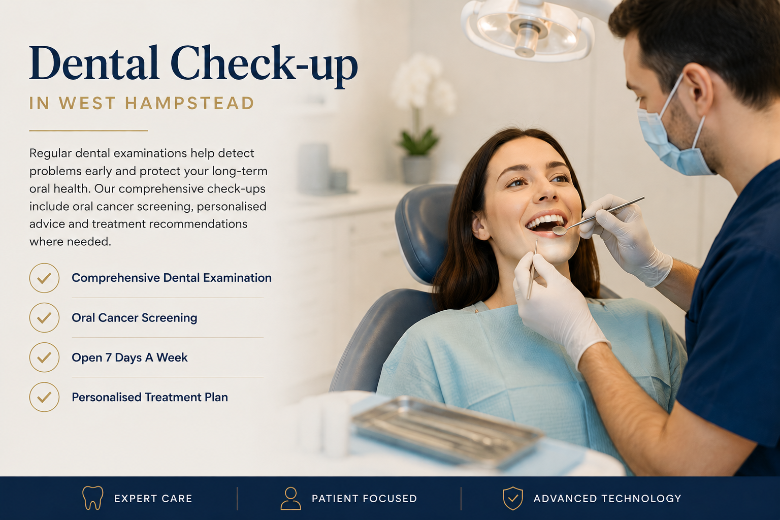 Patient receiving a comprehensive dental check-up in West Hampstead, including oral cancer screening and personalised dental care.