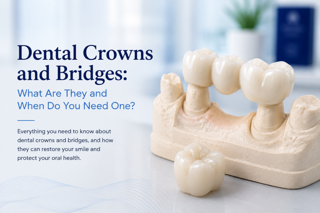 Dental crowns and dental bridge on a model demonstrating how missing or damaged teeth can be restored at Medical Dental Spa in West Hampstead, London.