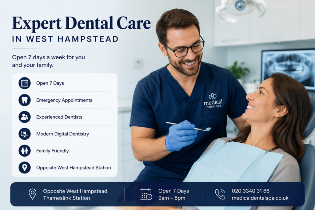 Experienced dentist treating a smiling patient at Medical Dental Spa in West Hampstead, offering emergency dentistry, family dental care and modern digital dentistry.