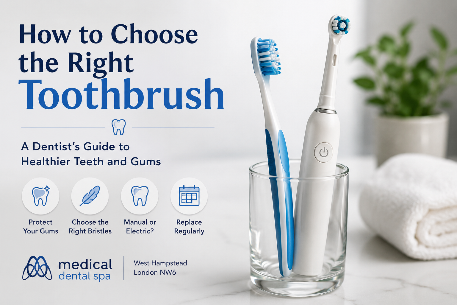 Manual and electric toothbrushes side by side with a dentist's guide to choosing the right toothbrush for healthy teeth and gums.
