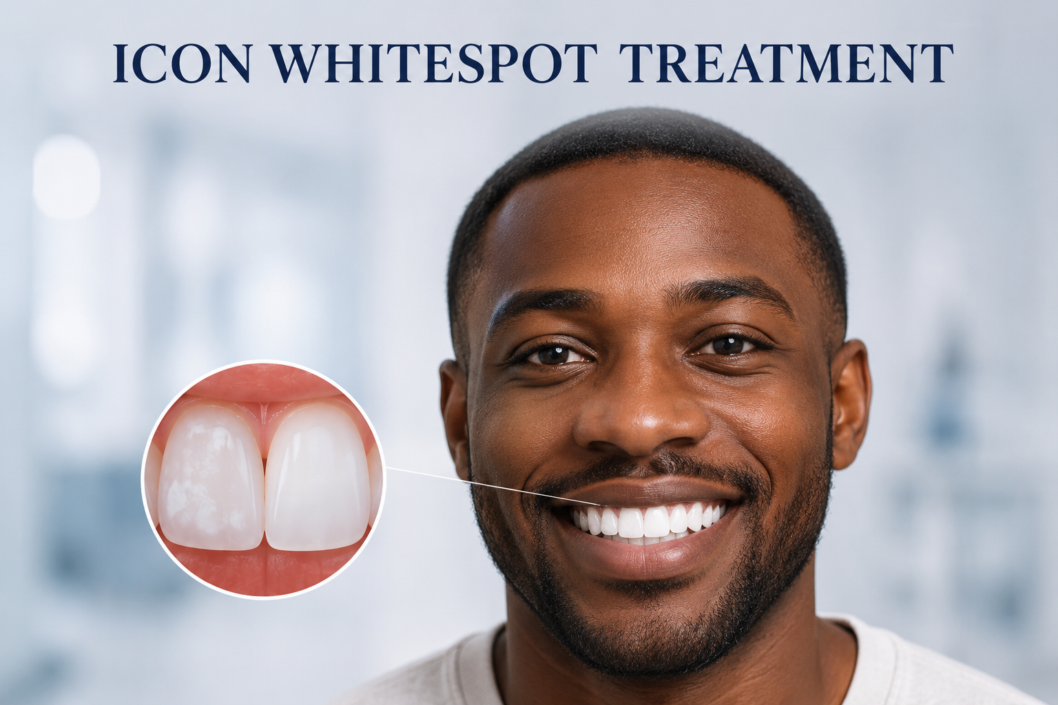 Black male patient smiling after ICON White Spot Treatment, illustrating minimally invasive removal of white spots on teeth without drilling at Medical Dental Spa in West Hampstead.
