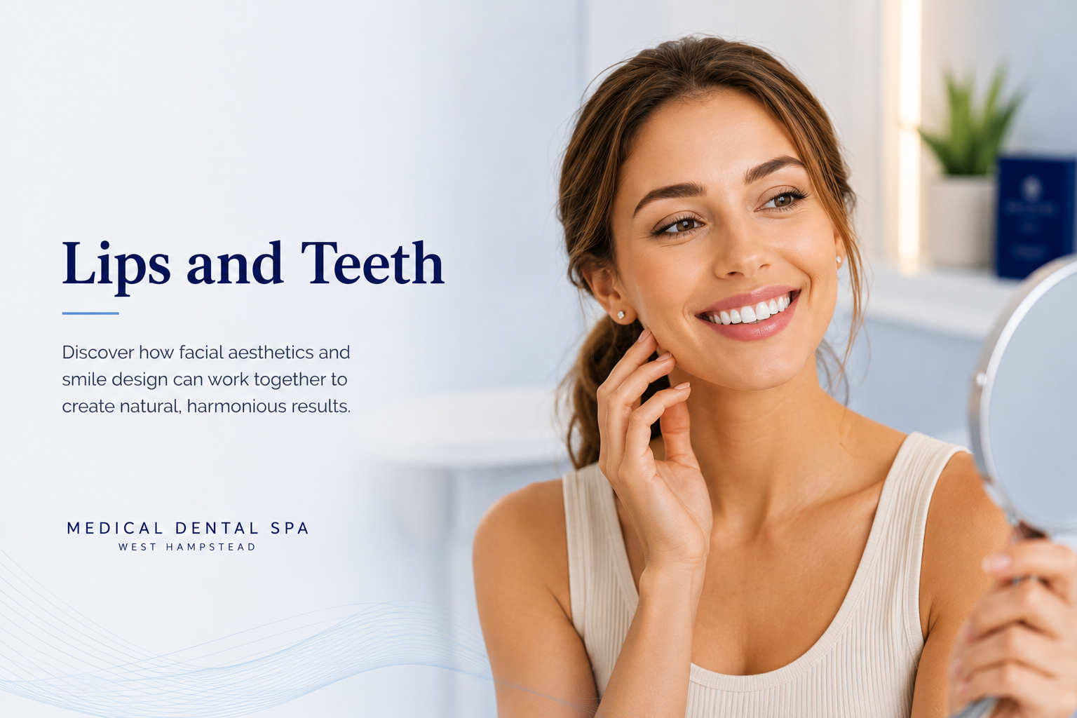 Smiling woman with healthy white teeth demonstrating the harmony between facial aesthetics and smile design at Medical Dental Spa West Hampstead.