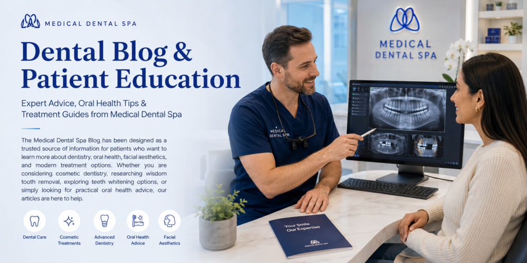 Dentist discussing digital dental X-rays with a patient at Medical Dental Spa in West Hampstead, dental blog: highlighting oral health education, cosmetic dentistry, wisdom tooth treatment, and modern dental care.