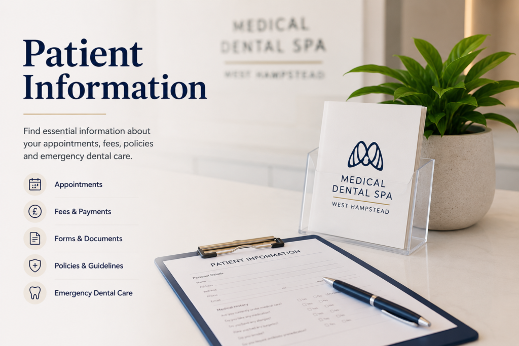 Patient information for Medical Dental Spa in West Hampstead including appointments, fees, policies and emergency dental care guidance.