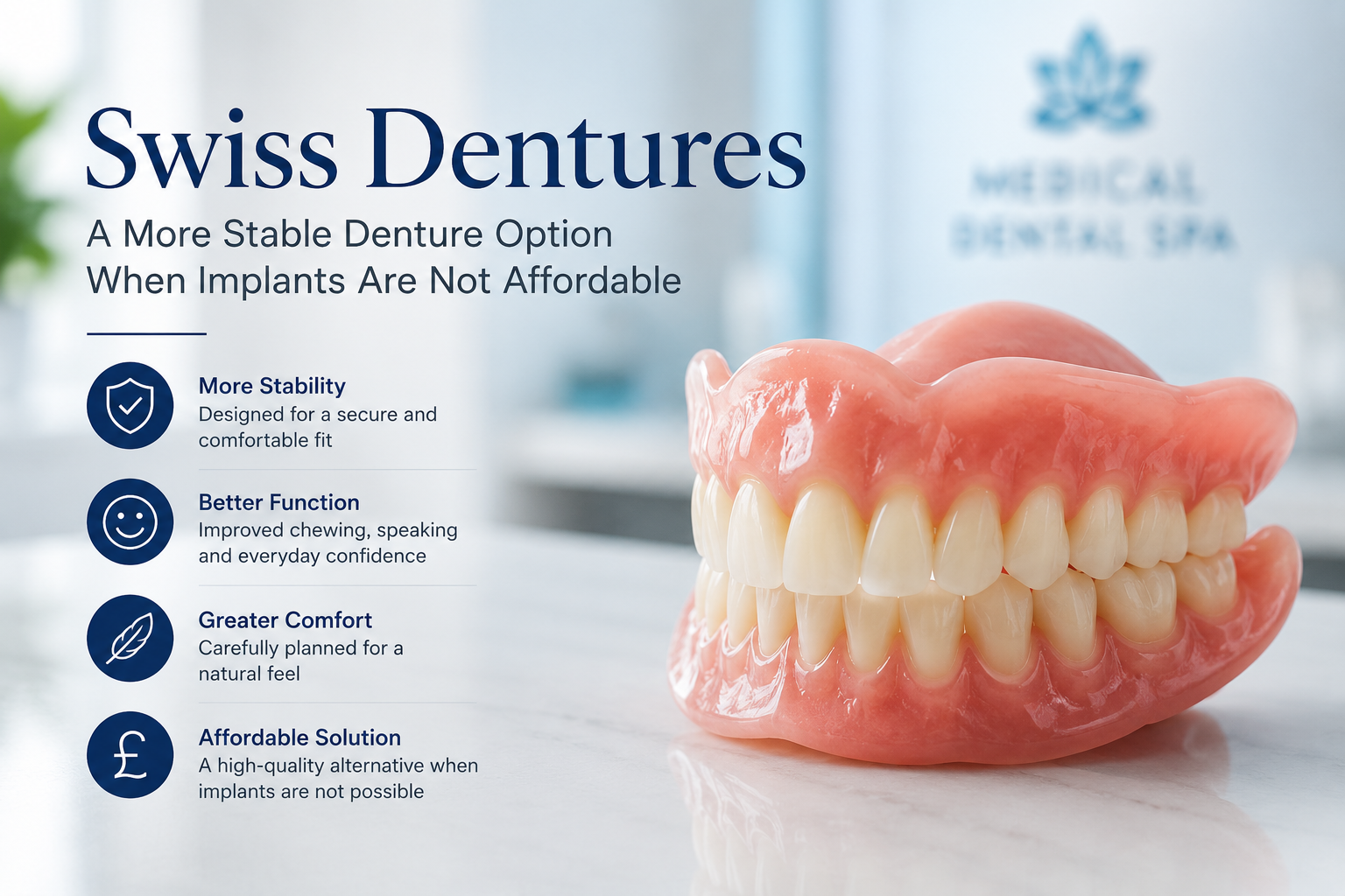 Swiss dentures at Medical Dental Spa in London, demonstrating a stable and affordable alternative to full-mouth dental implants for improved comfort and chewing function.