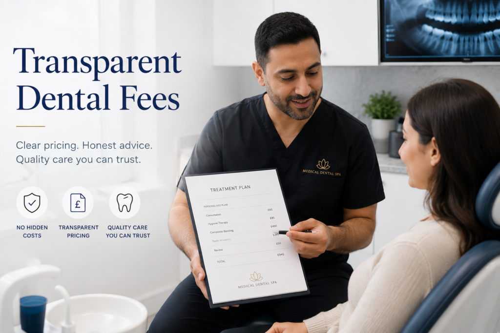 Dentist discussing transparent dental treatment fees and personalised treatment plan with a patient at Medical Dental Spa in West Hampstead.