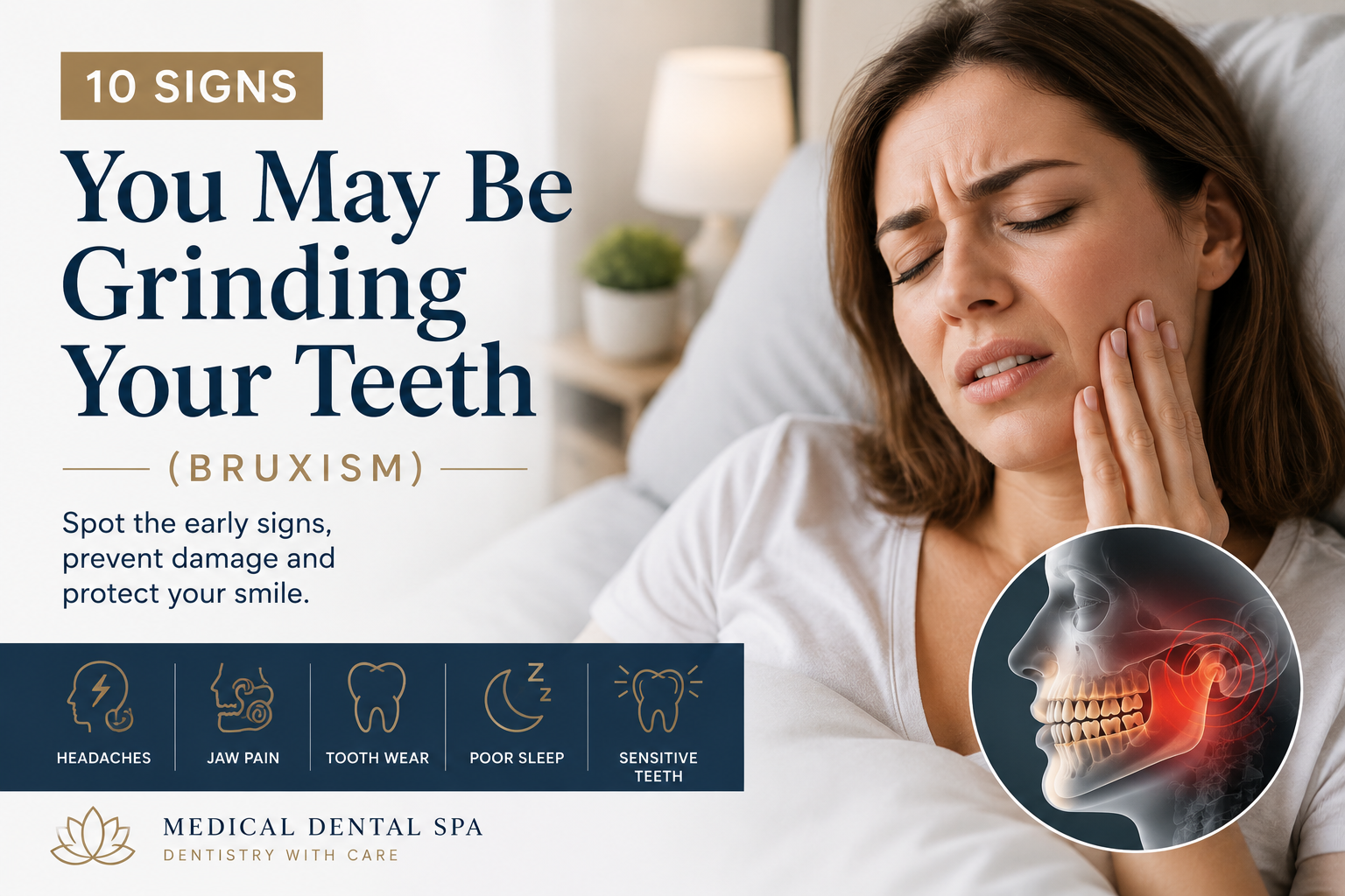 Cover image illustrating the signs of teeth grinding (bruxism), showing a woman with jaw pain alongside the common symptoms of headaches, tooth wear, poor sleep and sensitive teeth.