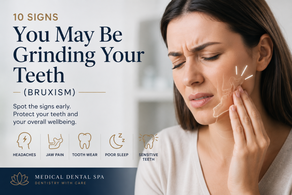 Woman experiencing jaw pain illustrating the common signs of teeth grinding (bruxism),10 Signs You May Be Grinding Your Teeth including headaches, tooth wear, jaw pain and sensitive teeth.