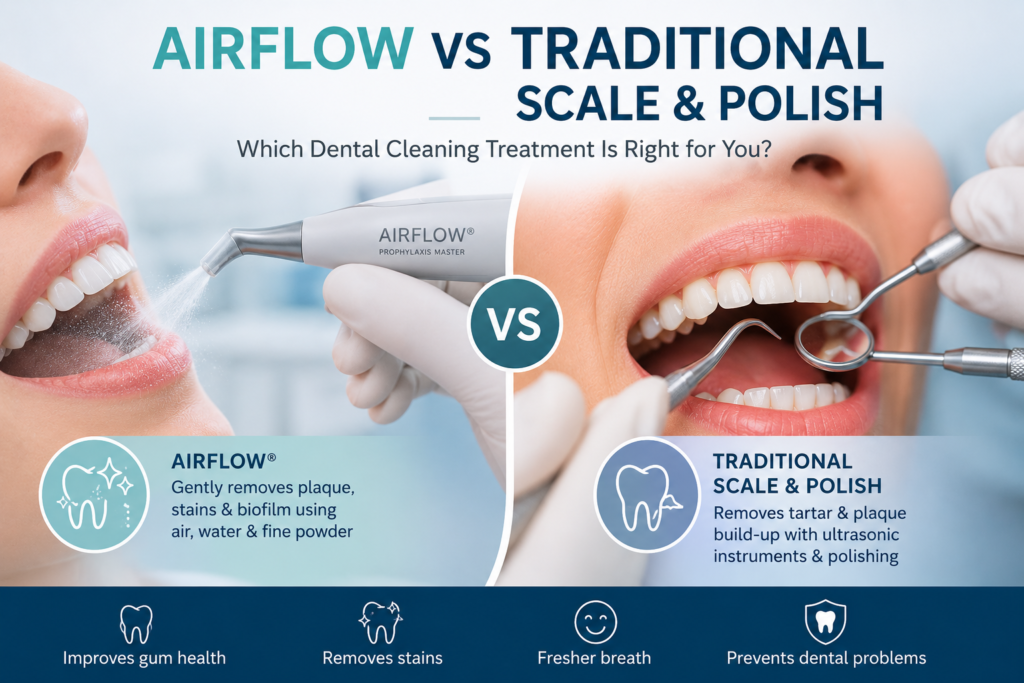 Side-by-side comparison of AirFlow dental cleaning and traditional scale and polish treatment performed by a dental hygienist.