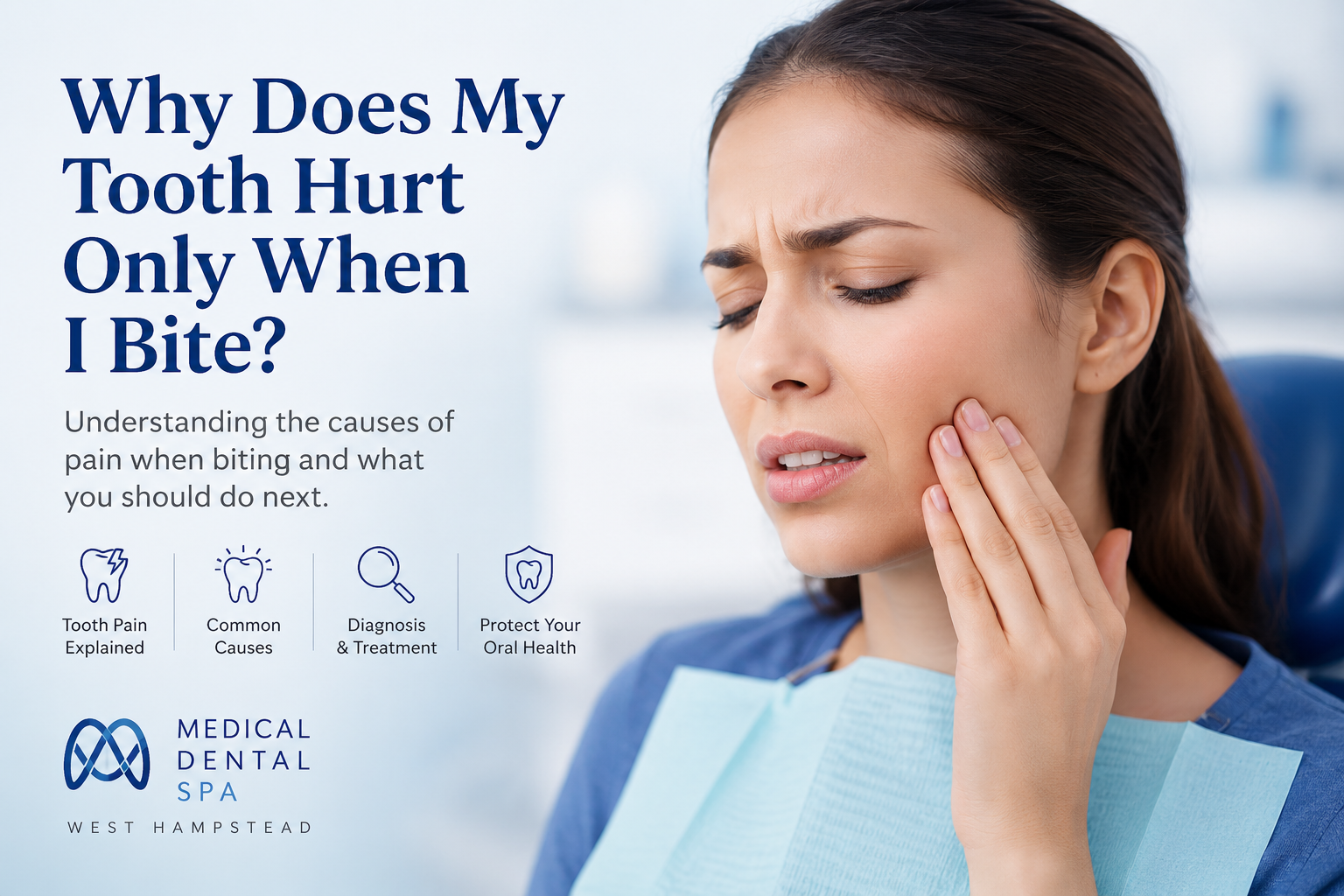 Woman experiencing tooth pain while biting, illustrating common causes of tooth pain when chewing or applying pressure.