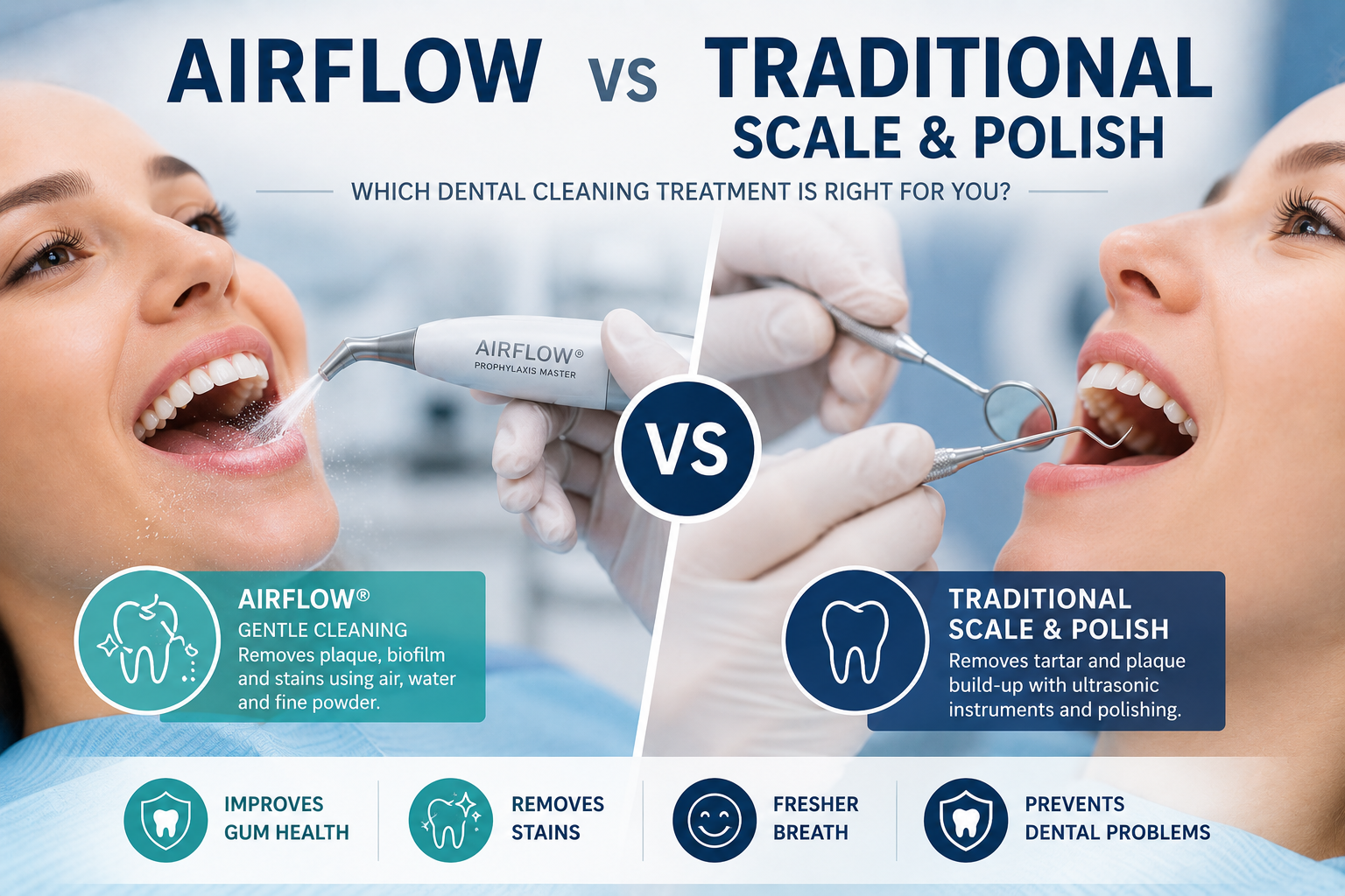 AirFlow vs traditional scale and polish comparison showing two professional dental cleaning treatments performed by a dental hygienist.