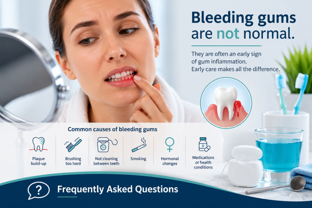 Woman checking bleeding gums in a mirror with infographic showing common causes of gum bleeding and gum disease.