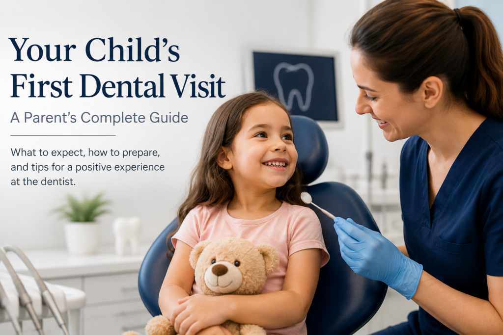 Child's First Dental Visit: Smiling young child attending a first dental visit with a friendly dentist at Medical Dental Spa in West Hampstead, London.