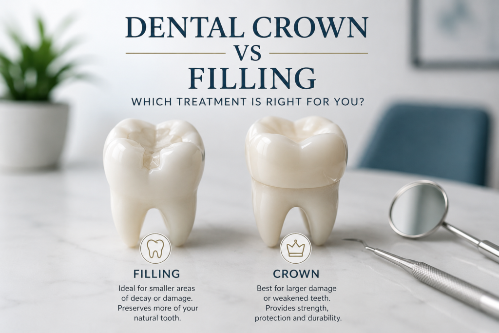 Dental Crown vs Filling: Comparison of a dental crown and a tooth filling showing the differences between treatments used to restore damaged teeth.
