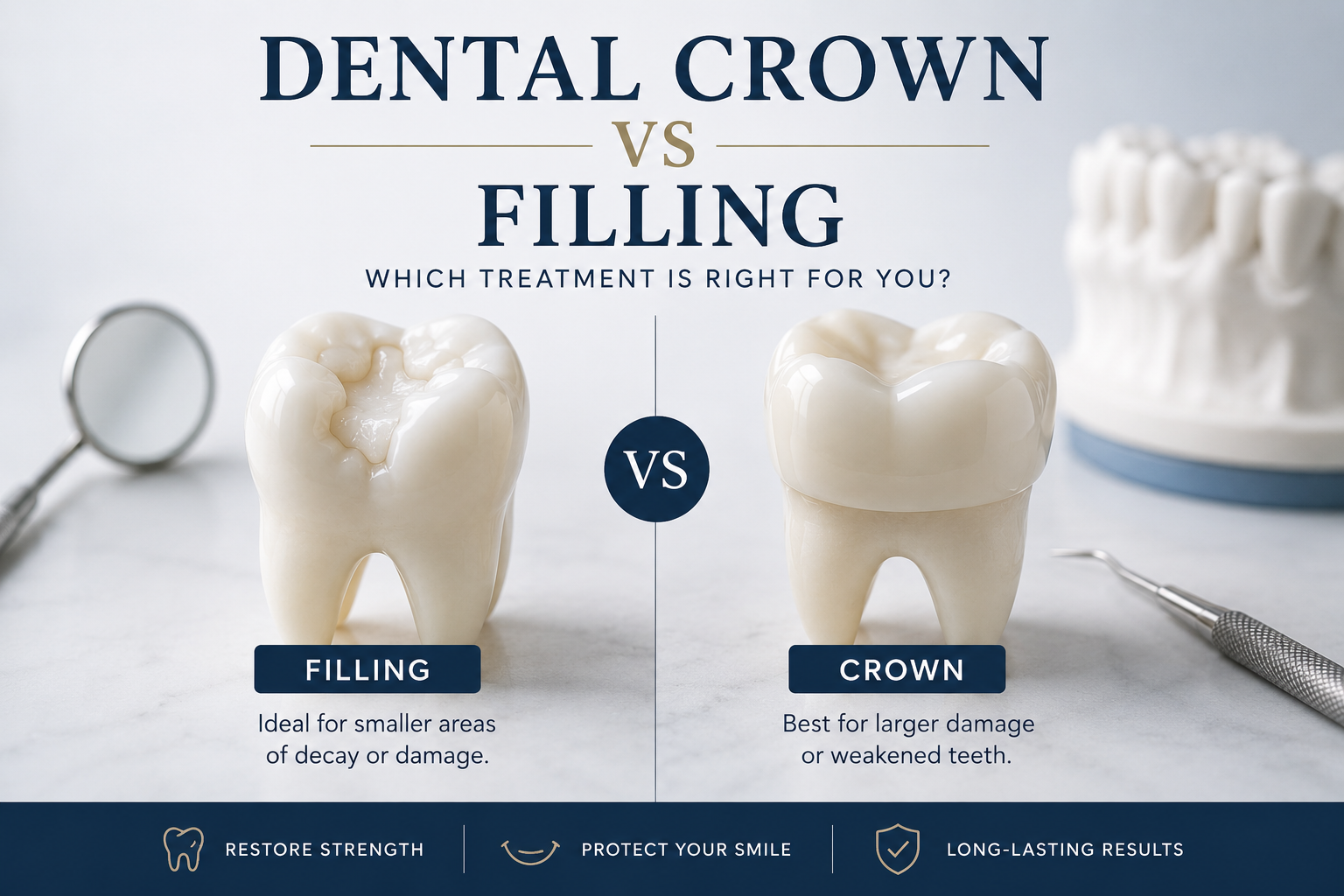 Illustration comparing a dental crown and a tooth filling, showing when each treatment is used to restore a damaged tooth.