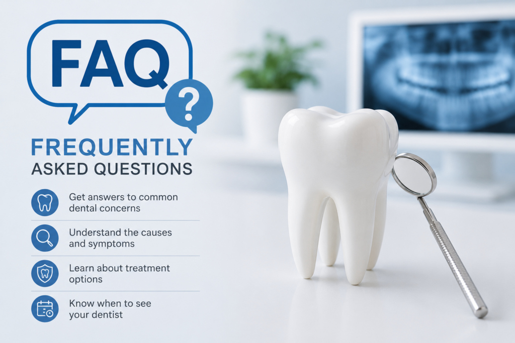 Tooth hurts when I bite. -Dental FAQ illustration with a tooth model and dental mirror representing common questions about tooth pain, diagnosis and treatment.