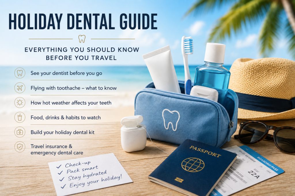 Holiday Dental Guide: Travel essentials including a dental care kit, passport and beach accessories illustrating a complete dental guide for preparing your teeth before going on holiday.