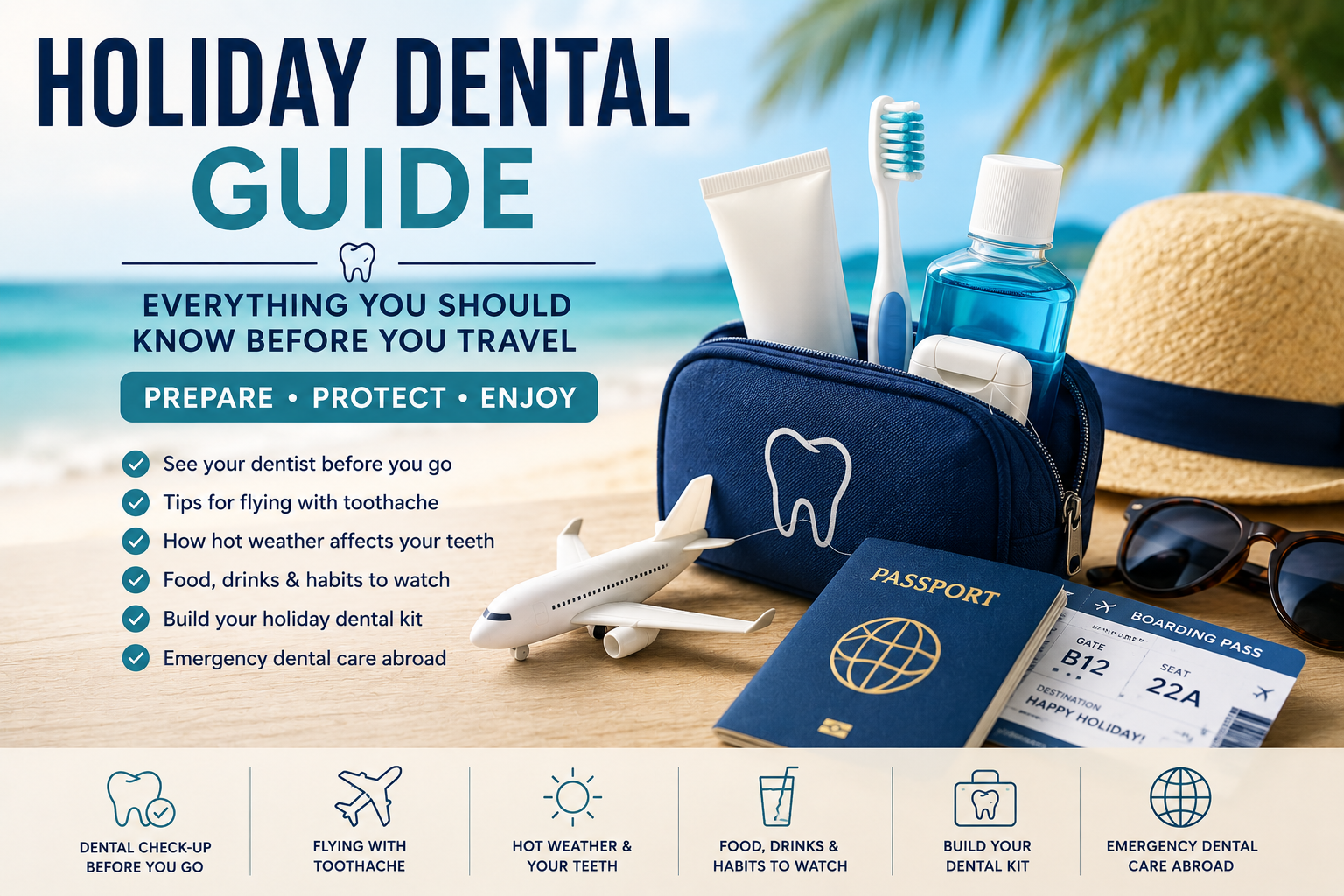 Holiday dental guide featuring a travel dental kit, toothbrush, passport and boarding pass with tips for protecting your teeth before travelling.