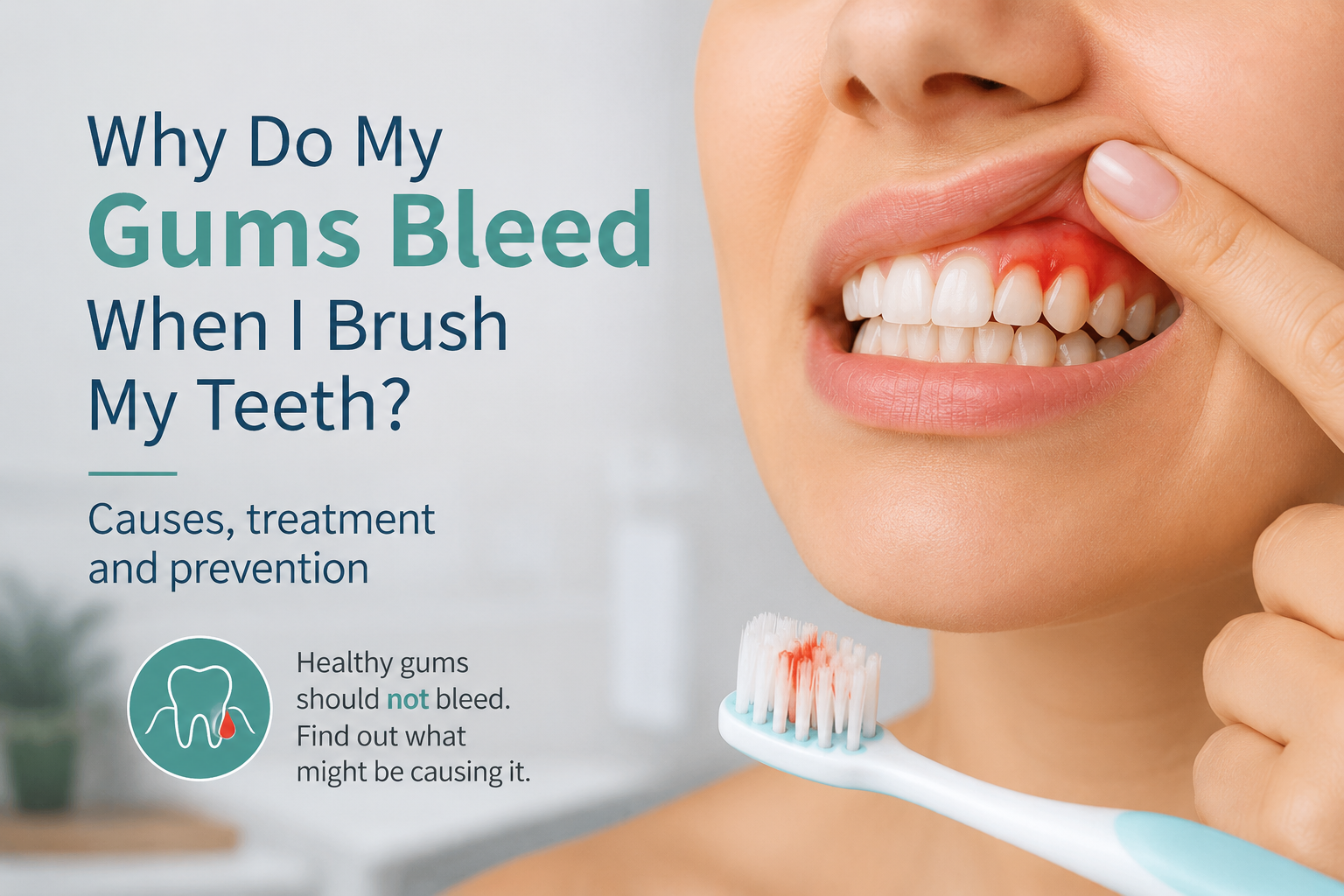 Close-up of bleeding gums while brushing teeth, illustrating early signs of gingivitis and gum disease.