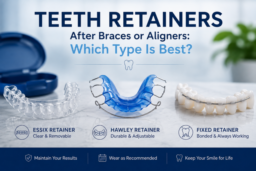 Teeth retainers after braces or aligners showing clear Essix, Hawley and fixed bonded retainer options.